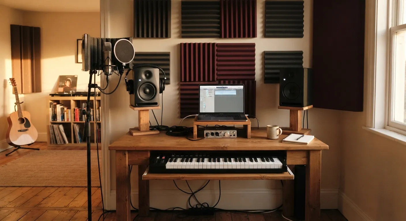 Illustration: a small home studio with a desk, two monitors on stands, a laptop and a keyboard