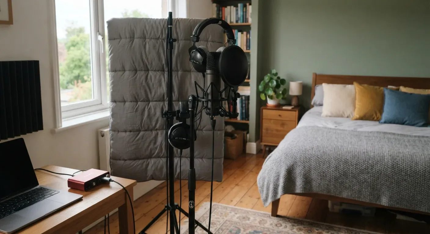 Illustration: a bedroom with a duvet hung behind a microphone on a stand, headphones on the mic, a small interface on the desk