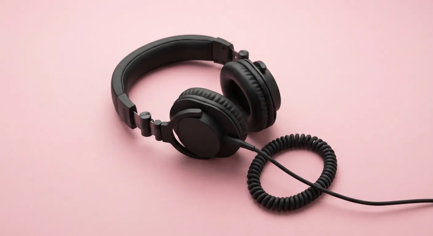Illustration: a pair of black studio headphones with a coiled cable on a pink surface